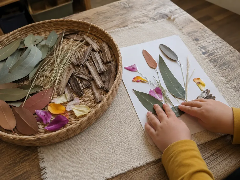 Leaves, petals, grass and bark sorted in a tray for a preschool nature collage