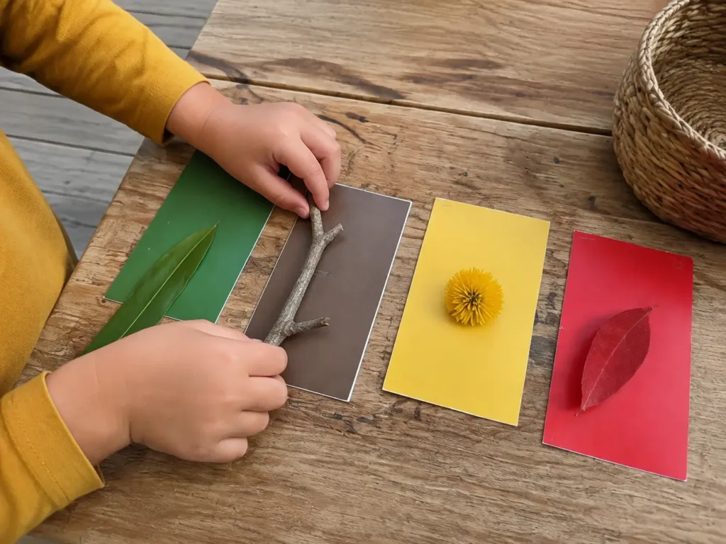Green leaves, brown sticks and yellow flowers sorted beside matching colour cards