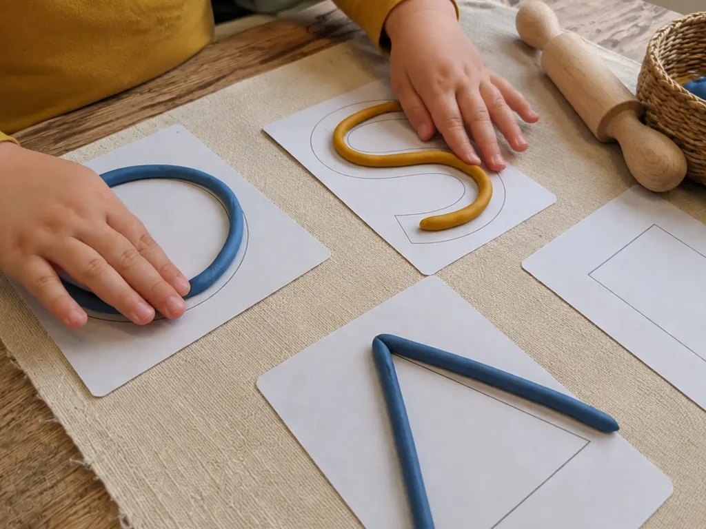 Playdough activity prepared with large letter and shape cards for preschool learning