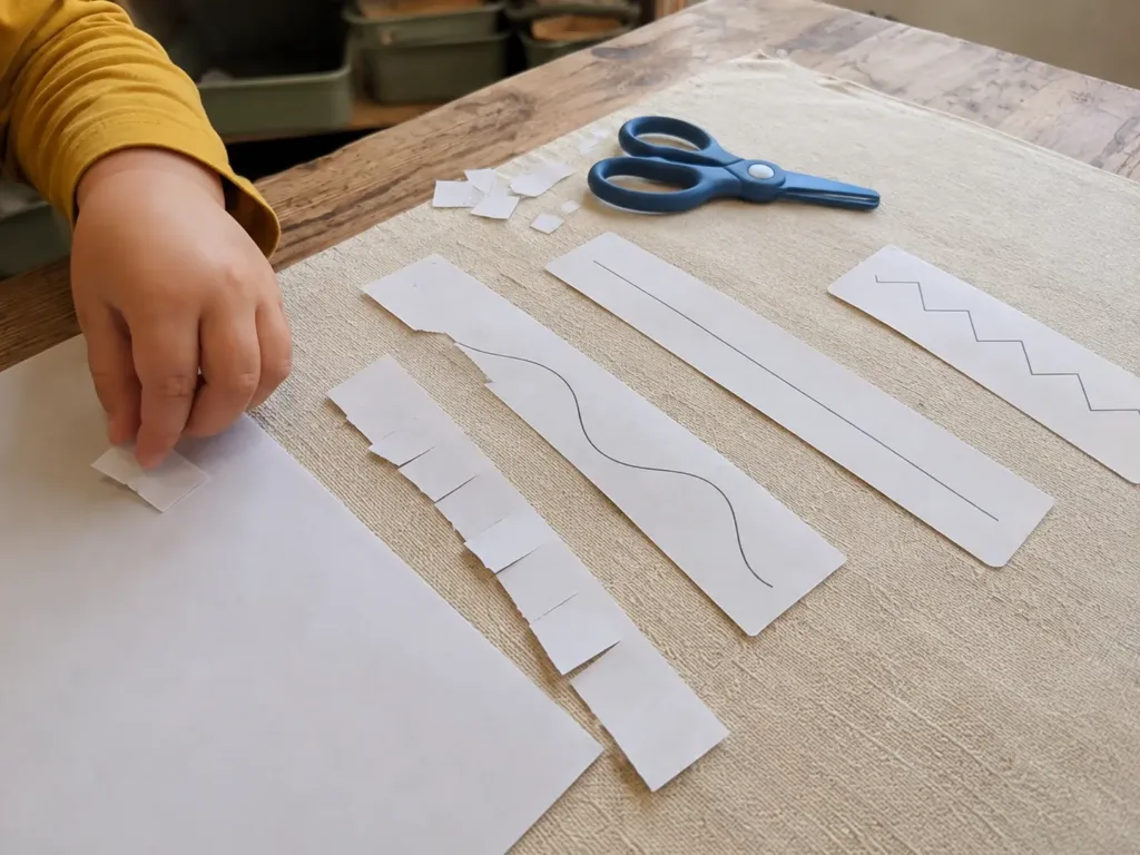Printable beginner scissor practice strips with straight, curved and zigzag cutting lines