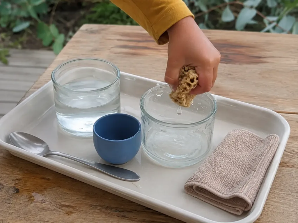 Simple water transfer activity prepared with cups, containers, a spoon and a sponge
