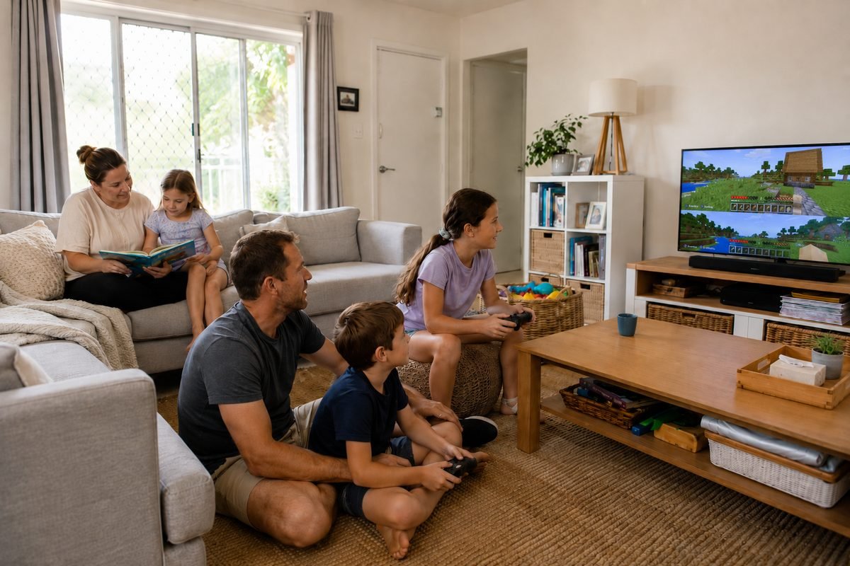 A family enjoying creative learning and play together at home