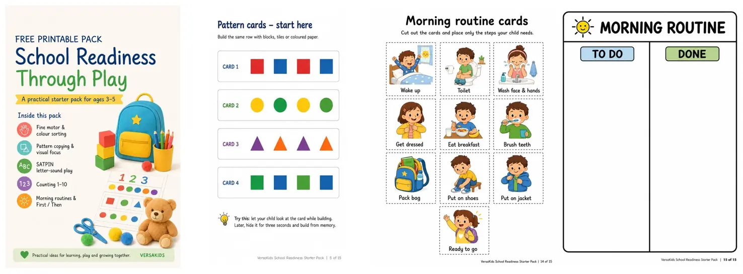 Preview of four pages from the 15-page VersaKids School Readiness Starter Pack
