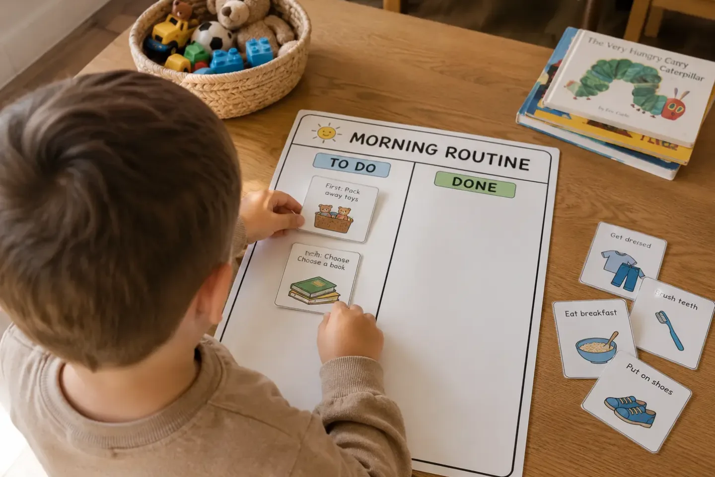 A child using visual morning routine cards on a To Do and Done chart