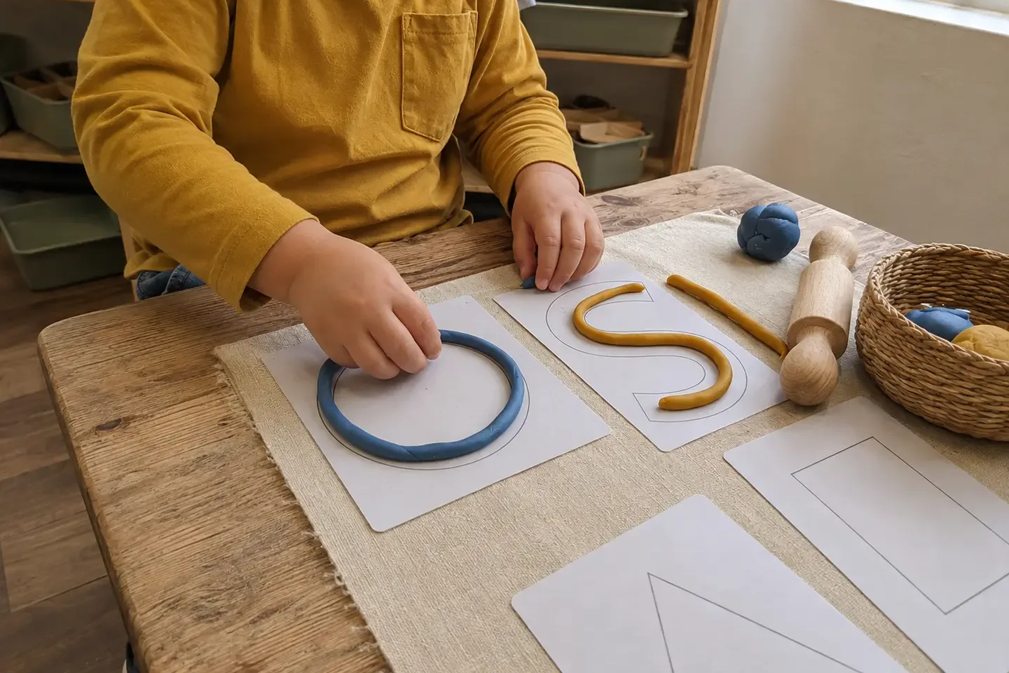 Preschool child forming letters and shapes with colourful playdough at a table