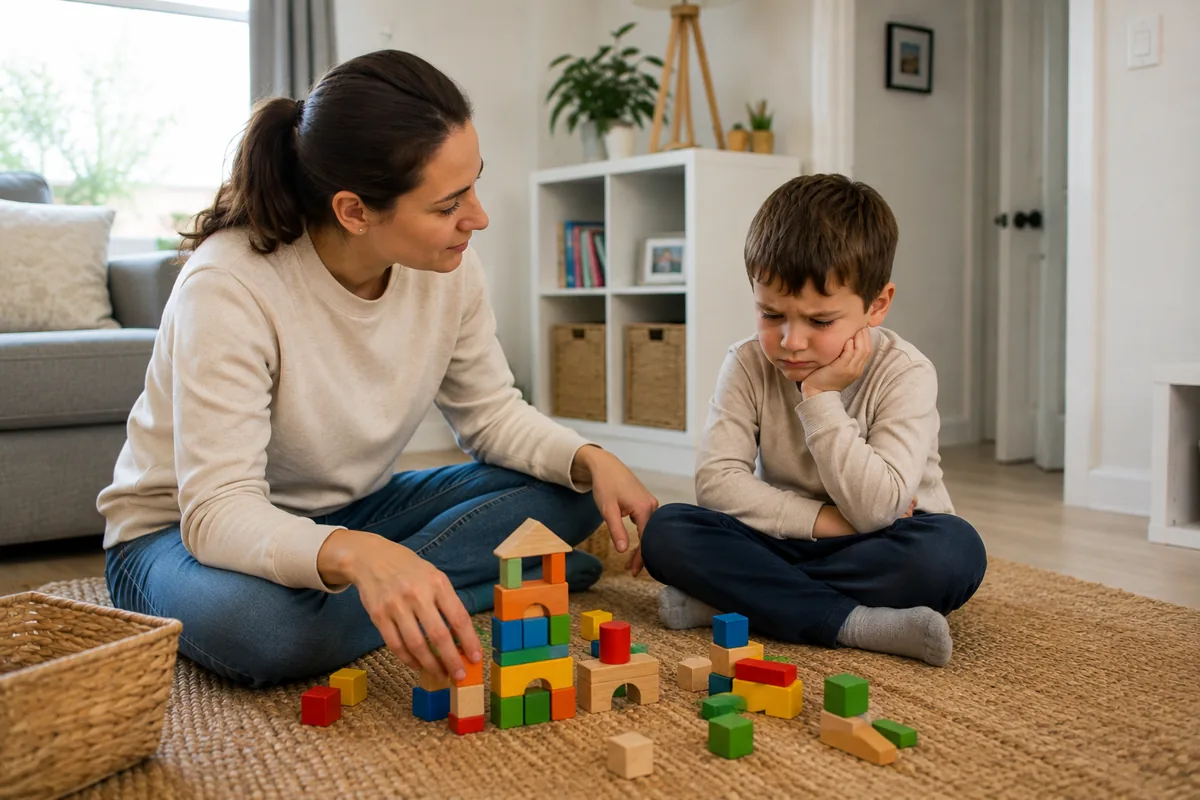 Mother calmly supporting an upset preschooler while playing with blocks at home
